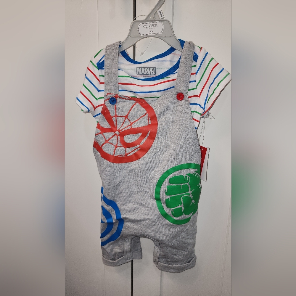 Marvel Gray Romper with Red, Green, and Blue Superhero Designs